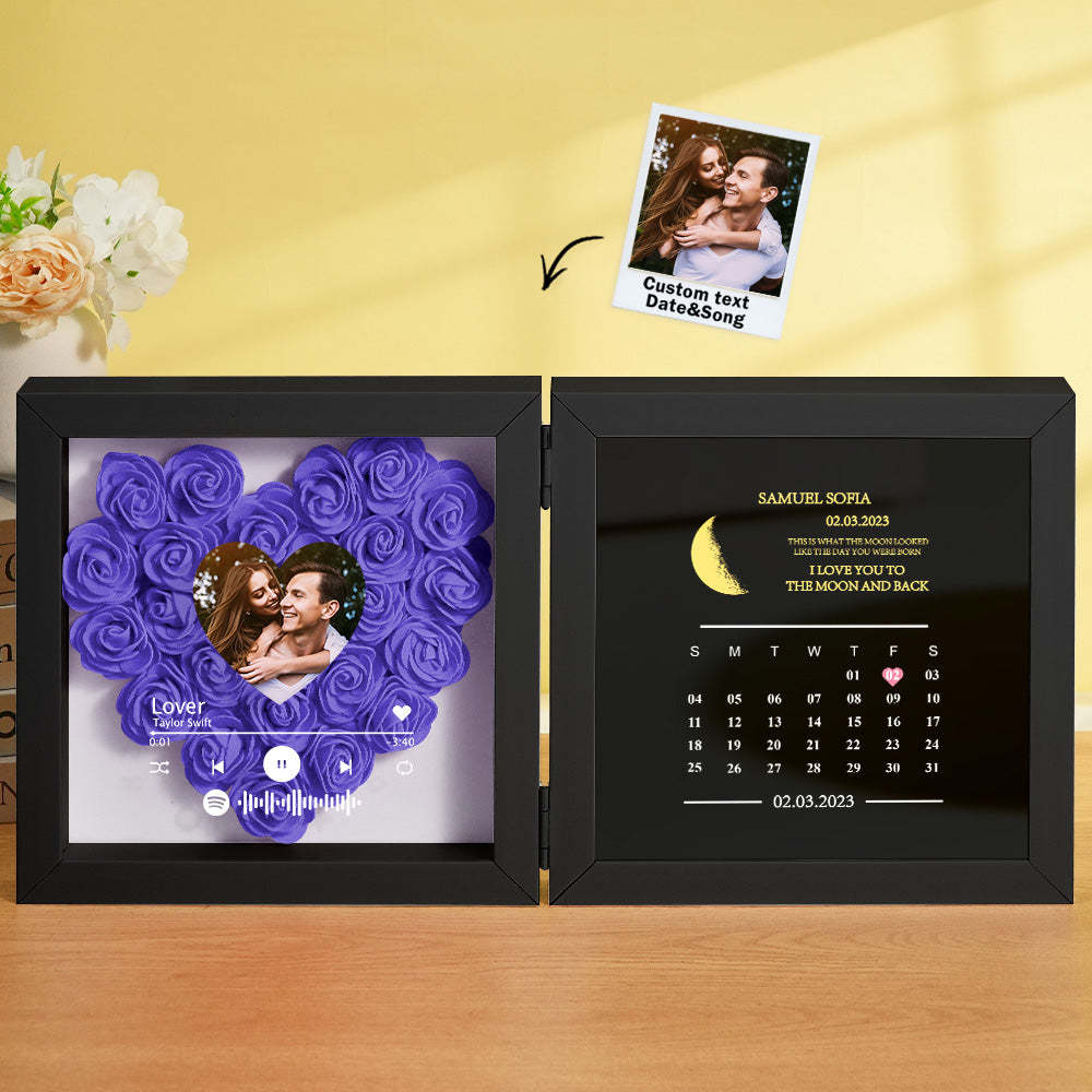 Personalized Photo Rose Flower Box Frame Custom Music Code Moon Phase Calendar Gift for Her - MyFaceBoxer