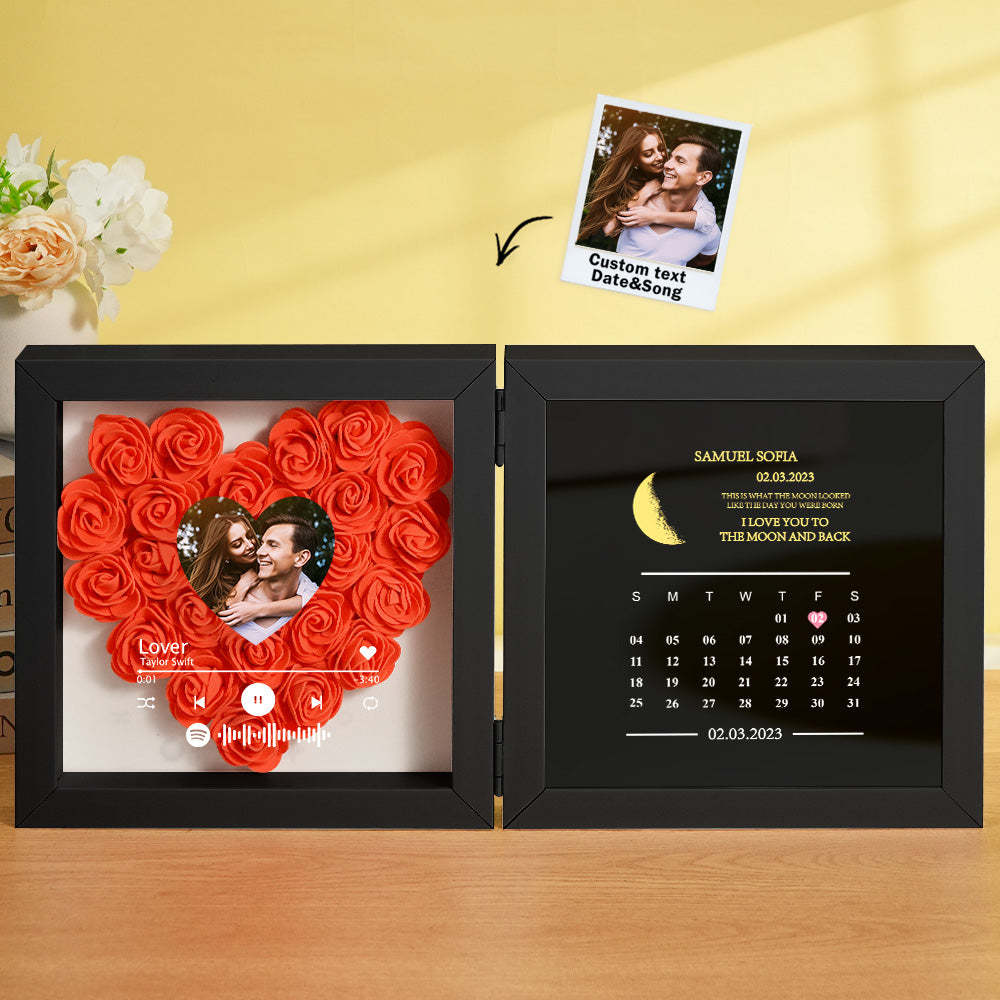 Personalized Photo Rose Flower Box Frame Custom Music Code Moon Phase Calendar Gift for Her - MyFaceBoxer