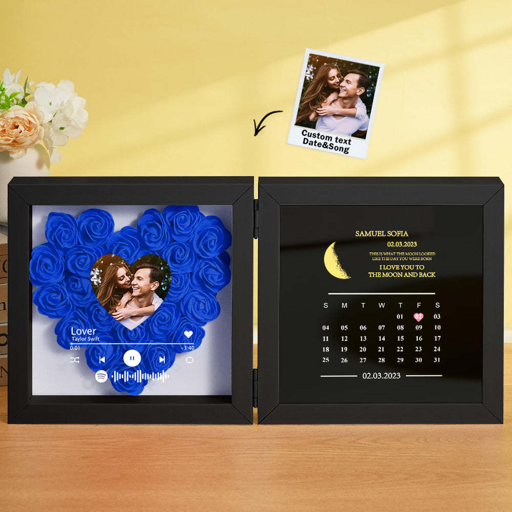 Personalized Photo Rose Flower Box Frame Custom Music Code Moon Phase Calendar Gift for Her - MyFaceBoxer