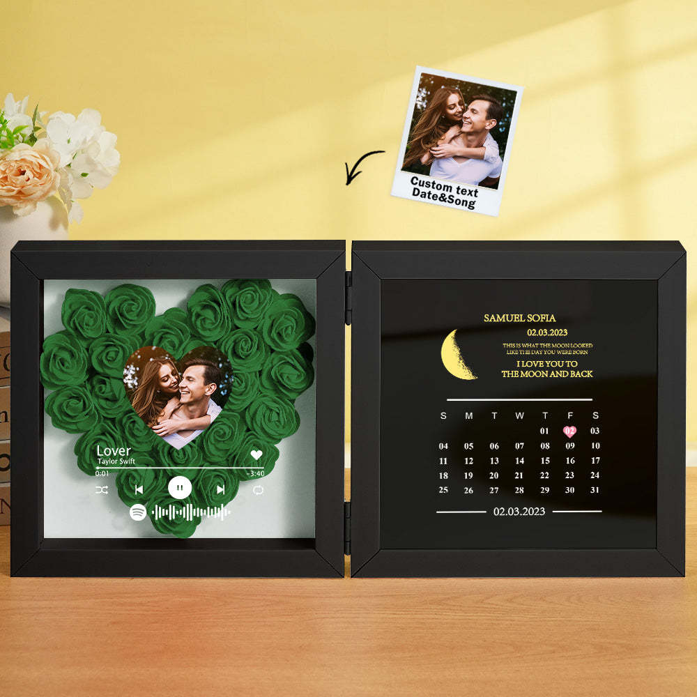Personalized Photo Rose Flower Box Frame Custom Music Code Moon Phase Calendar Gift for Her - MyFaceBoxer