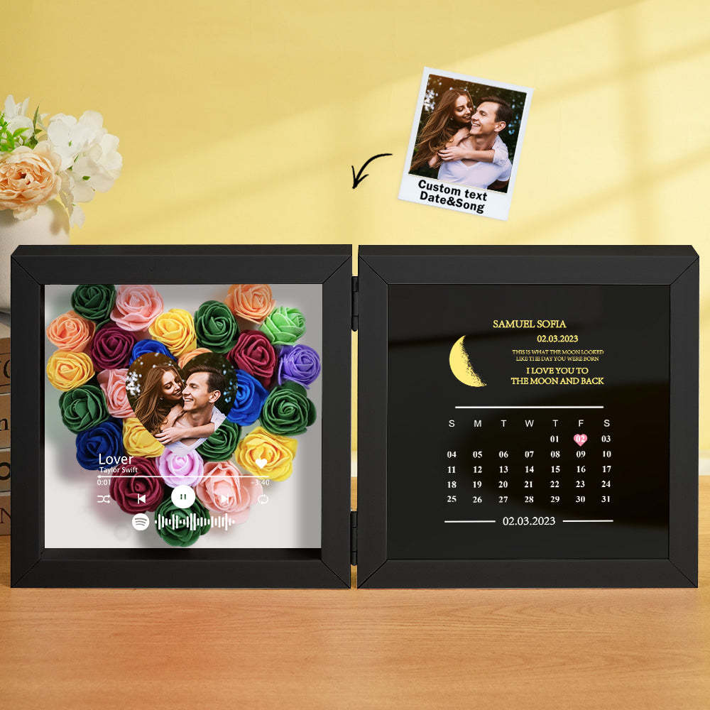 Personalized Photo Rose Flower Box Frame Custom Music Code Moon Phase Calendar Gift for Her - MyFaceBoxer