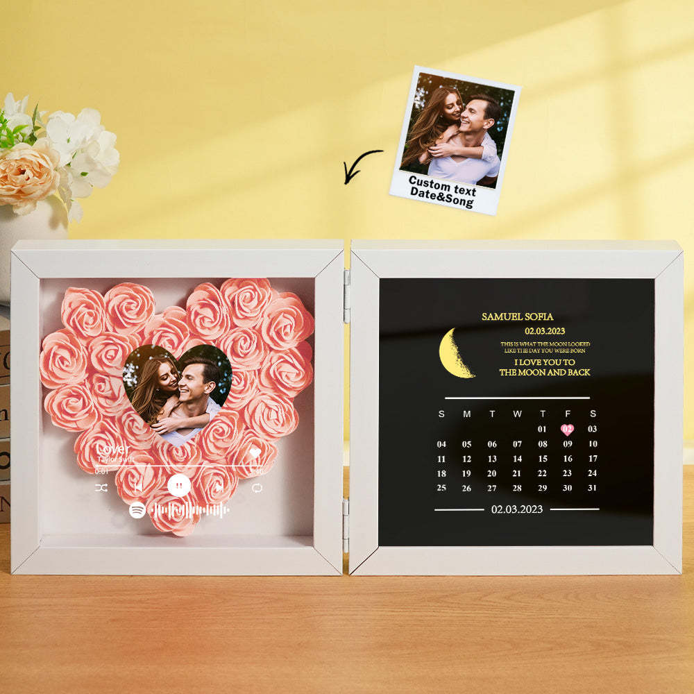 Personalized Photo Rose Flower Box Frame Custom Music Code Moon Phase Calendar Gift for Her - MyFaceBoxer