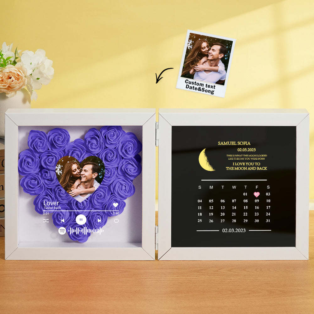 Personalized Photo Rose Flower Box Frame Custom Music Code Moon Phase Calendar Gift for Her - MyFaceBoxer