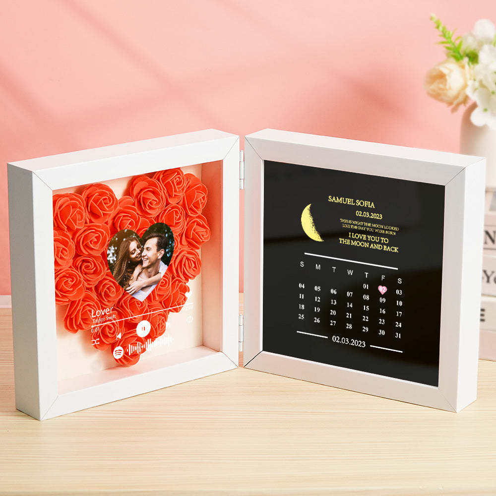 Personalized Photo Rose Flower Box Frame Custom Music Code Moon Phase Calendar Gift for Her - MyFaceBoxer