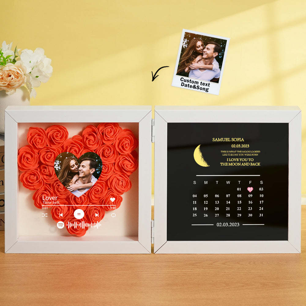 Personalized Photo Rose Flower Box Frame Custom Music Code Moon Phase Calendar Gift for Her - MyFaceBoxer
