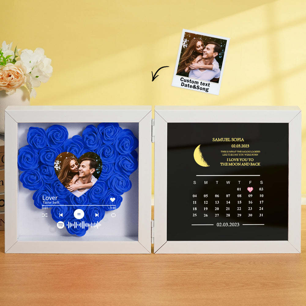 Personalized Photo Rose Flower Box Frame Custom Music Code Moon Phase Calendar Gift for Her - MyFaceBoxer