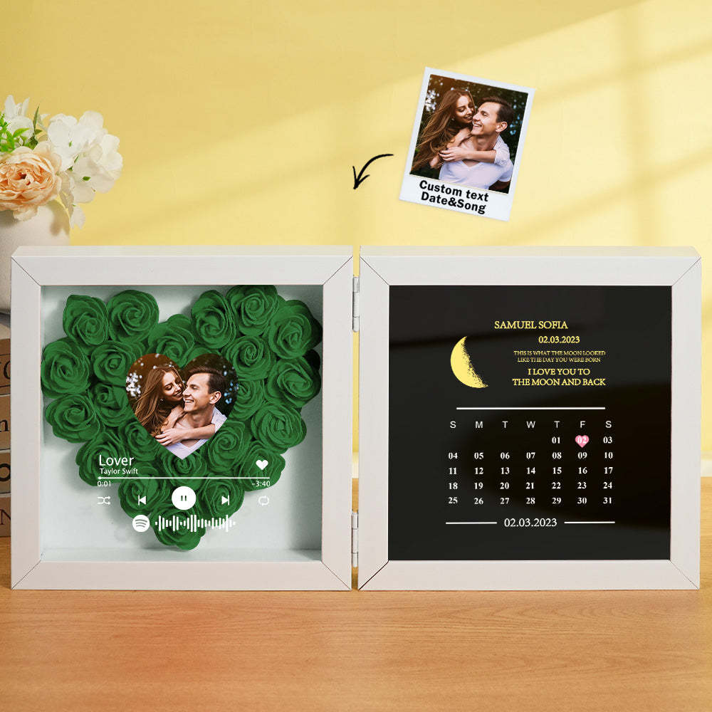 Personalized Photo Rose Flower Box Frame Custom Music Code Moon Phase Calendar Gift for Her - MyFaceBoxer