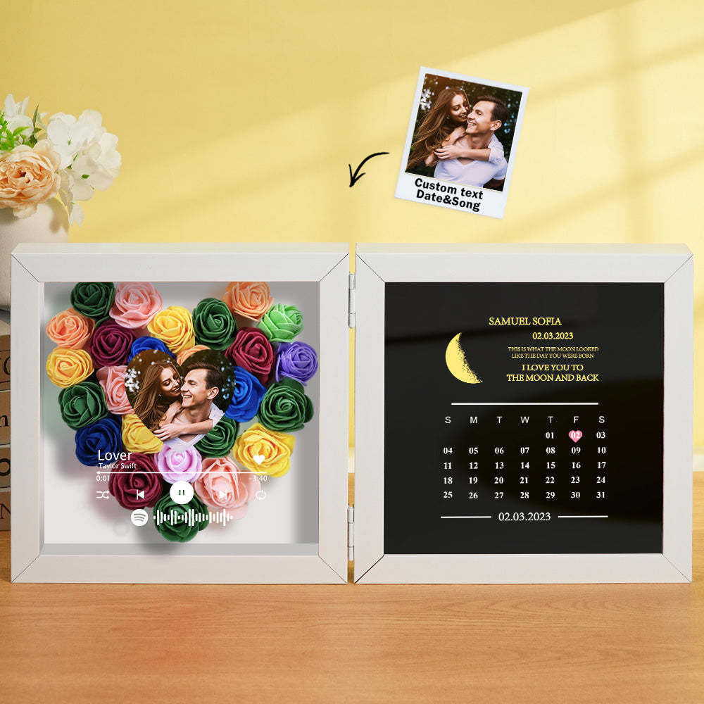 Personalized Photo Rose Flower Box Frame Custom Music Code Moon Phase Calendar Gift for Her - MyFaceBoxer