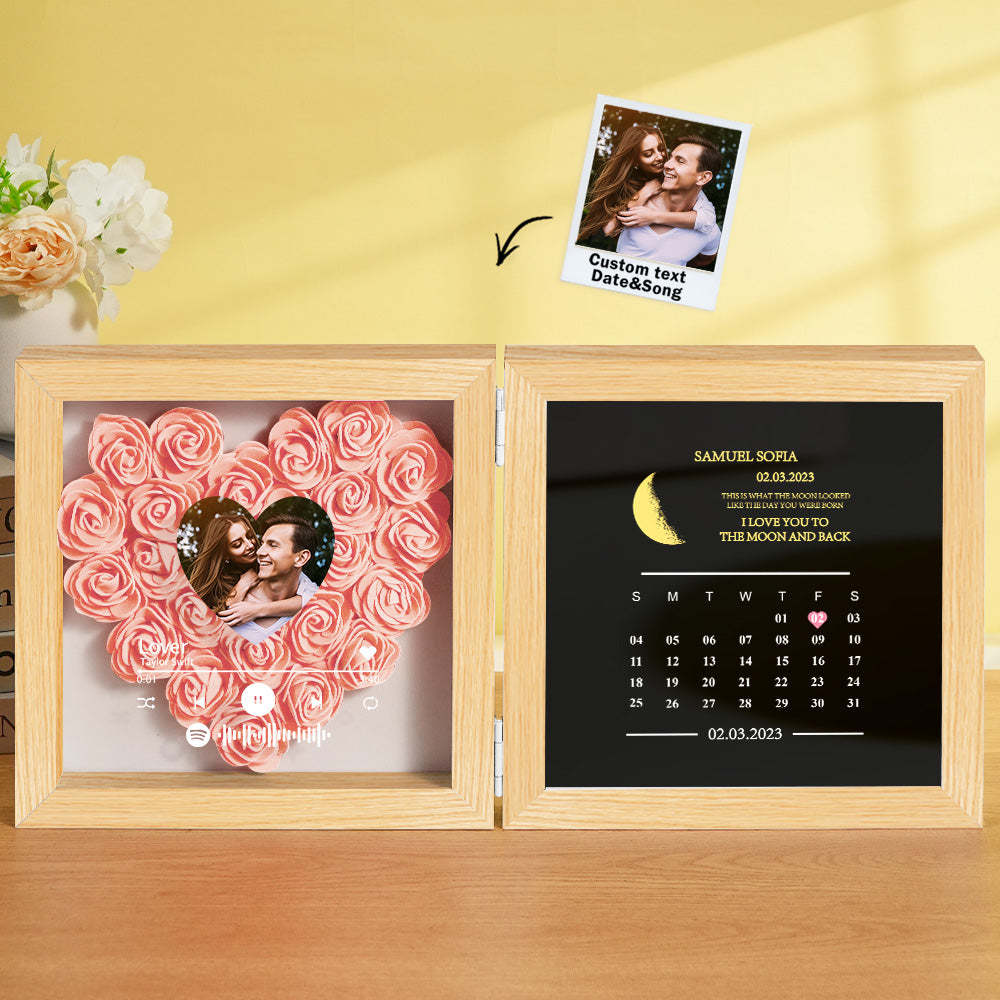Personalized Photo Rose Flower Box Frame Custom Music Code Moon Phase Calendar Gift for Her - MyFaceBoxer