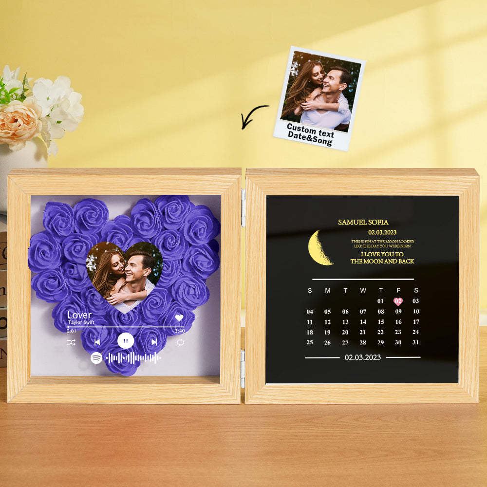 Personalized Photo Rose Flower Box Frame Custom Music Code Moon Phase Calendar Gift for Her - MyFaceBoxer