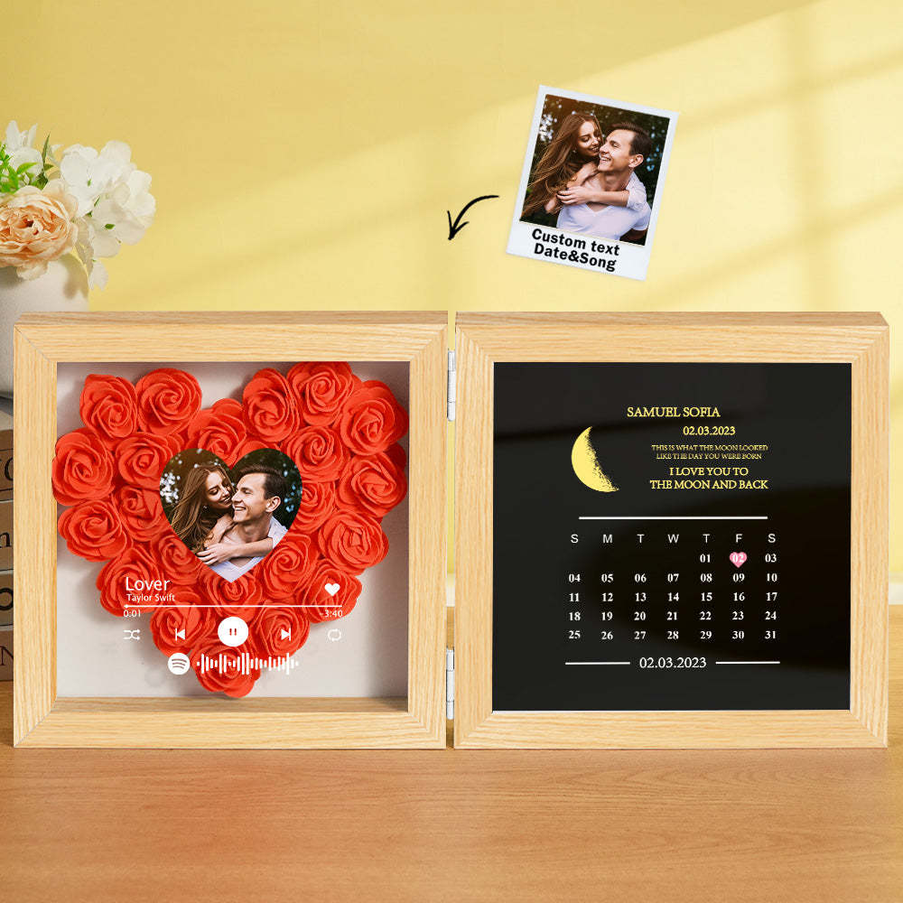 Personalized Photo Rose Flower Box Frame Custom Music Code Moon Phase Calendar Gift for Her - MyFaceBoxer