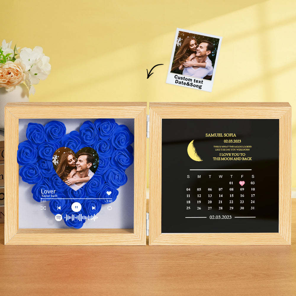 Personalized Photo Rose Flower Box Frame Custom Music Code Moon Phase Calendar Gift for Her - MyFaceBoxer