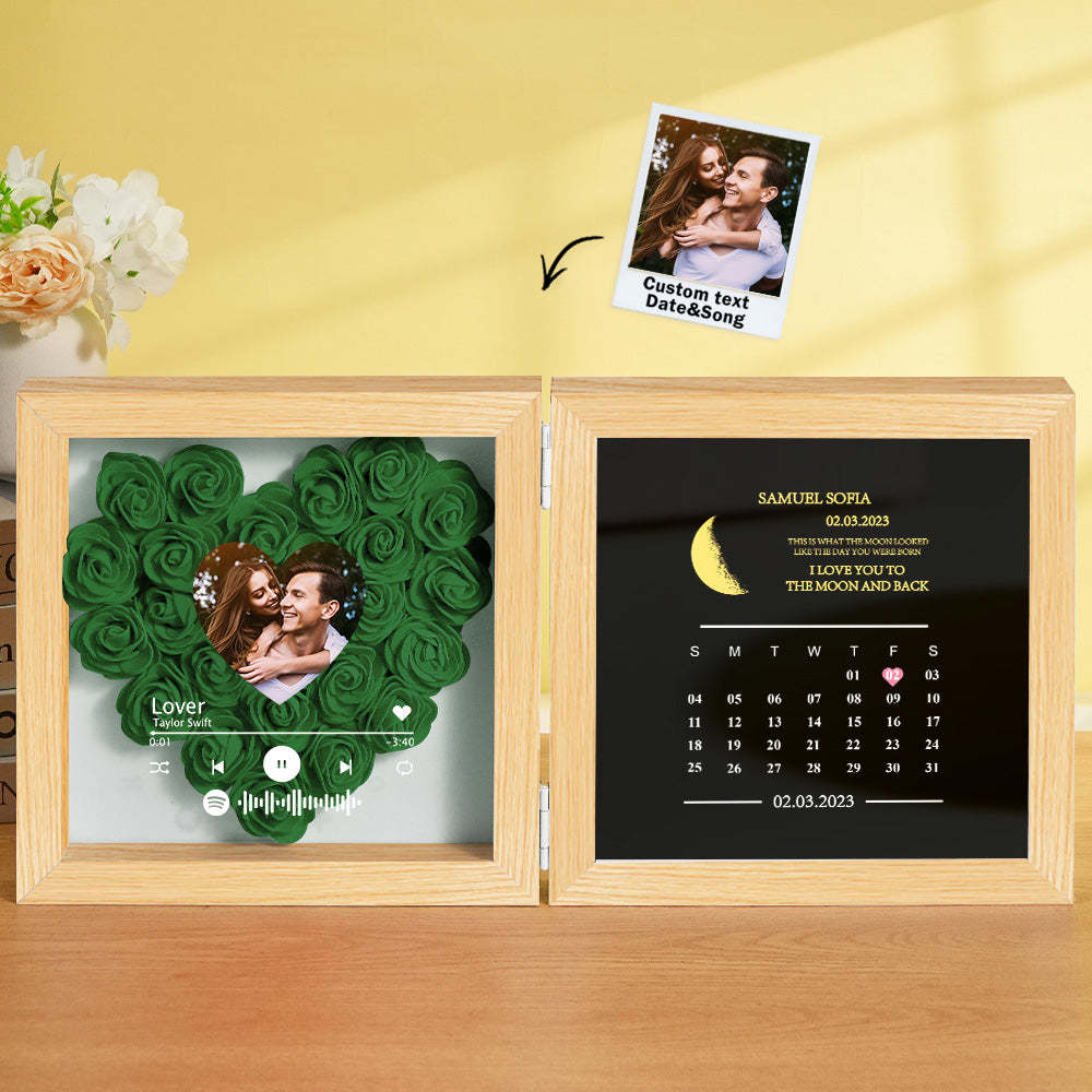 Personalized Photo Rose Flower Box Frame Custom Music Code Moon Phase Calendar Gift for Her - MyFaceBoxer