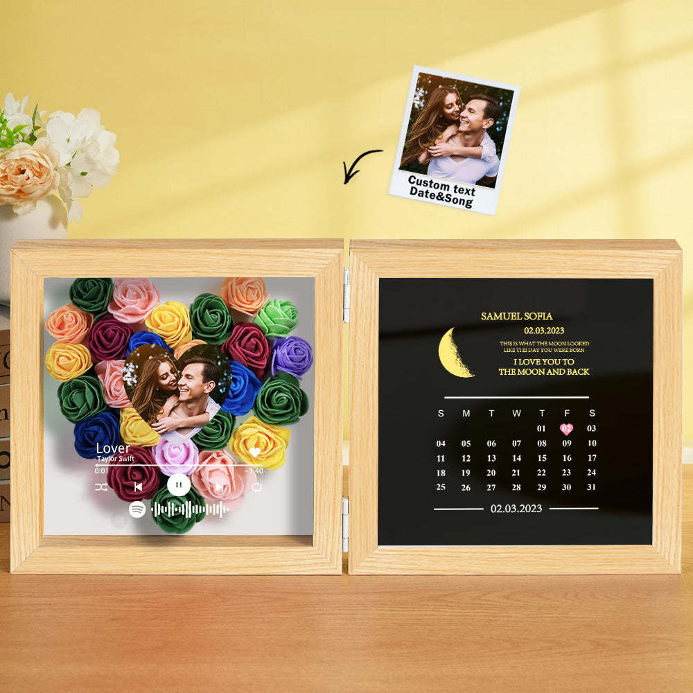 Personalized Photo Rose Flower Box Frame Custom Music Code Moon Phase Calendar Gift for Her - MyFaceBoxer