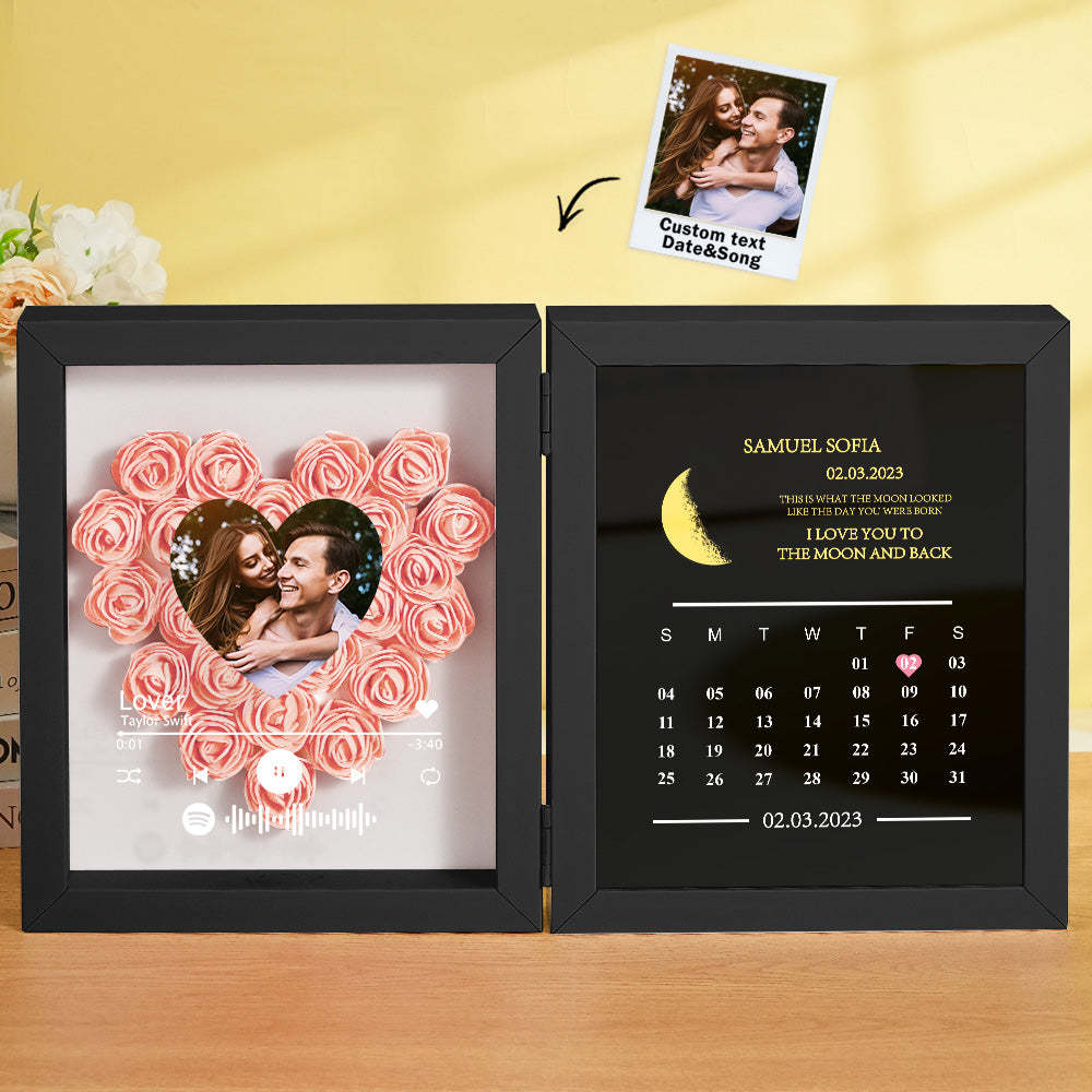 Personalized Photo Rose Flower Box Frame Custom Music Code Moon Phase Calendar Gift for Her - MyFaceBoxer