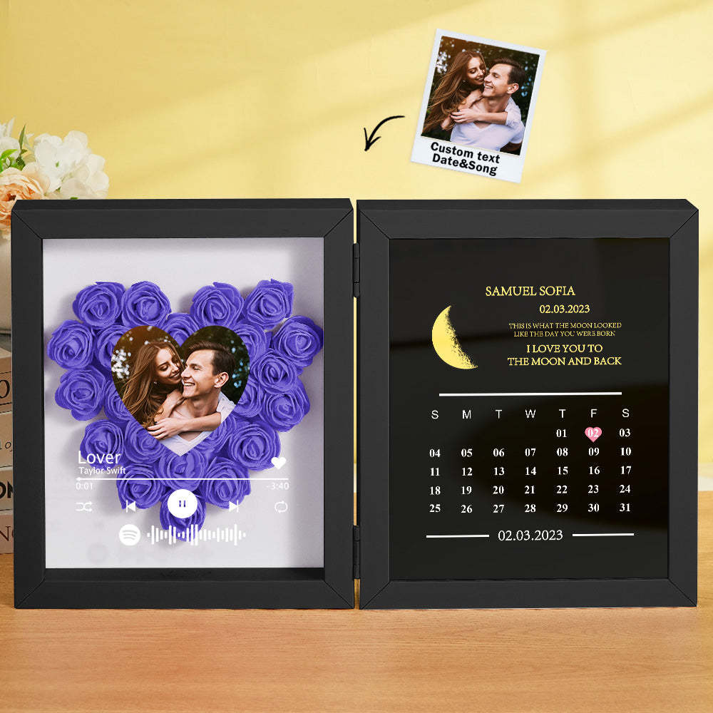 Personalized Photo Rose Flower Box Frame Custom Music Code Moon Phase Calendar Gift for Her - MyFaceBoxer