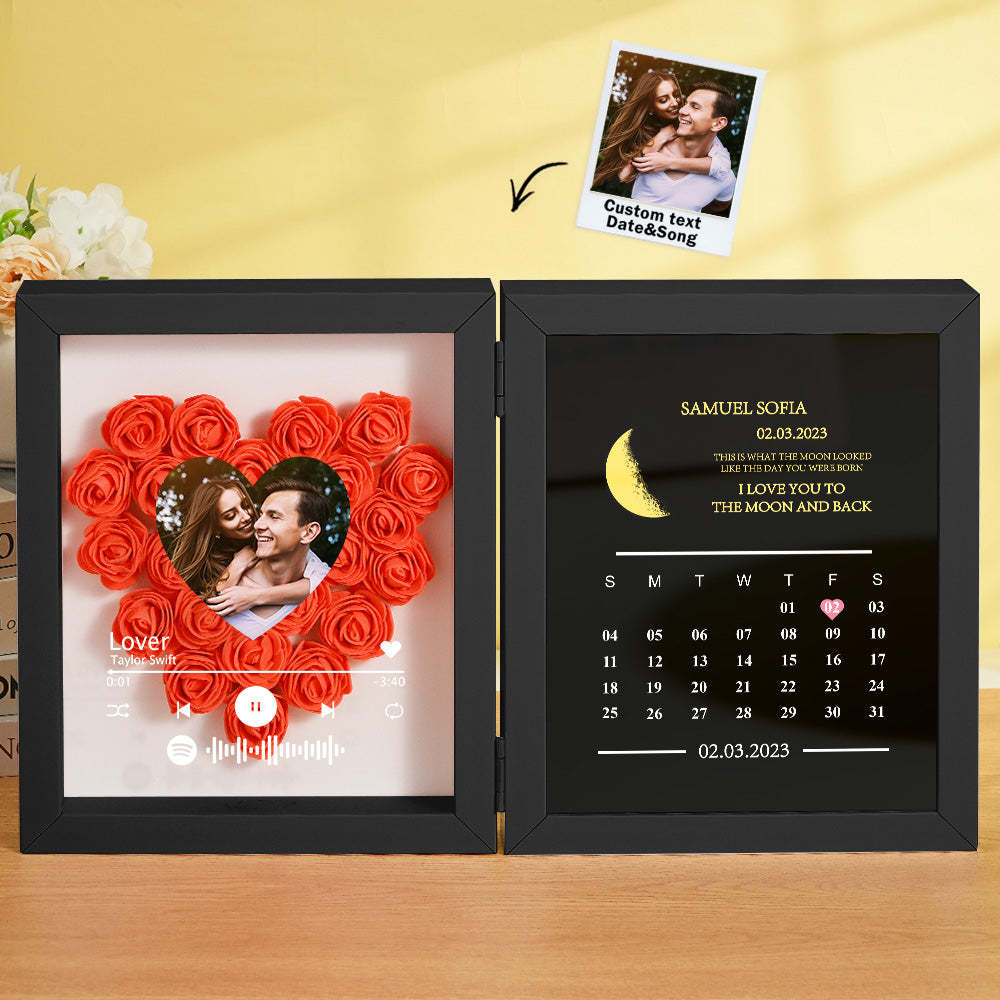 Personalized Photo Rose Flower Box Frame Custom Music Code Moon Phase Calendar Gift for Her - MyFaceBoxer