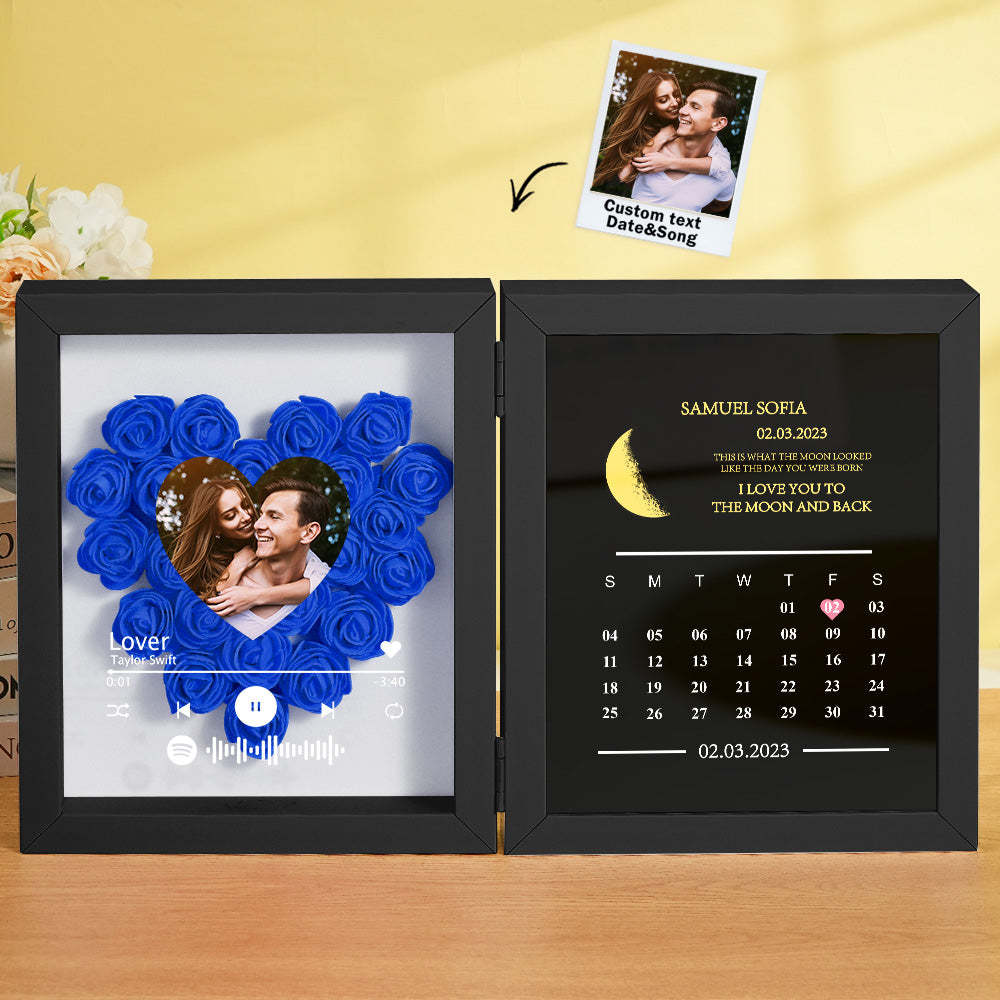 Personalized Photo Rose Flower Box Frame Custom Music Code Moon Phase Calendar Gift for Her - MyFaceBoxer