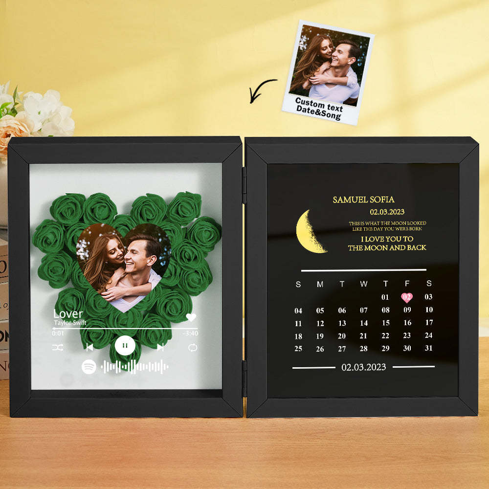 Personalized Photo Rose Flower Box Frame Custom Music Code Moon Phase Calendar Gift for Her - MyFaceBoxer