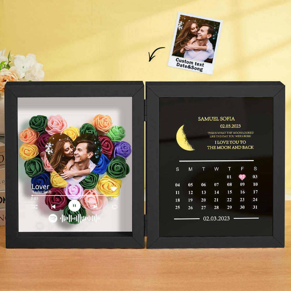 Personalized Photo Rose Flower Box Frame Custom Music Code Moon Phase Calendar Gift for Her - MyFaceBoxer