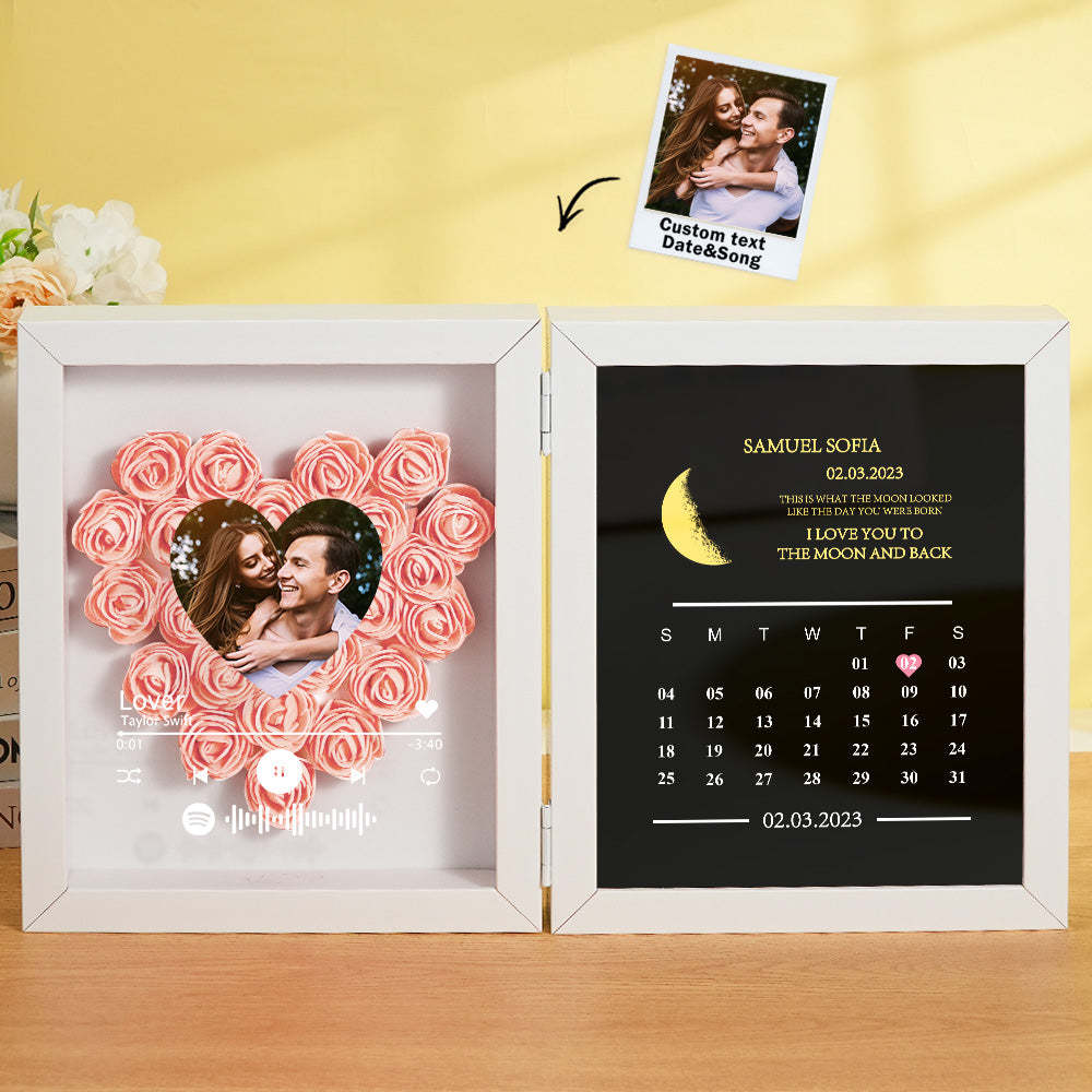 Personalized Photo Rose Flower Box Frame Custom Music Code Moon Phase Calendar Gift for Her - MyFaceBoxer