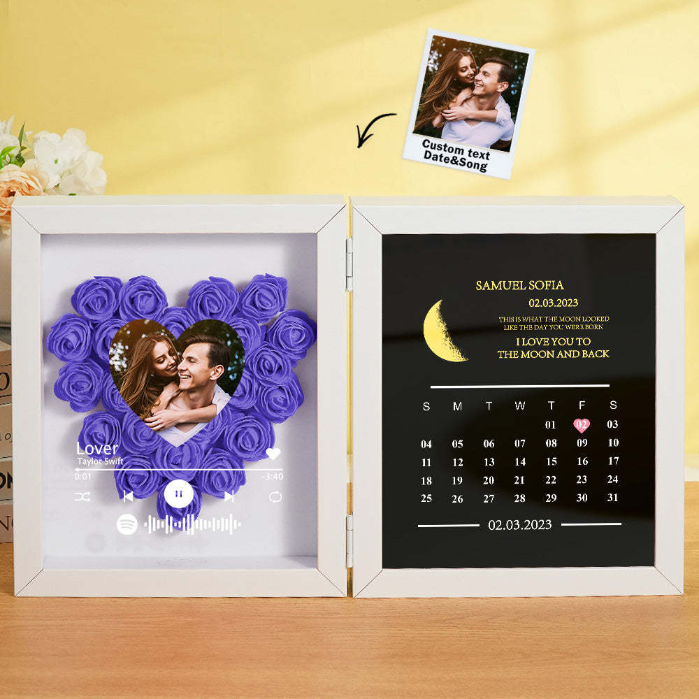 Personalized Photo Rose Flower Box Frame Custom Music Code Moon Phase Calendar Gift for Her - MyFaceBoxer