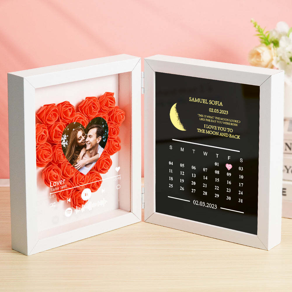 Personalized Photo Rose Flower Box Frame Custom Music Code Moon Phase Calendar Gift for Her - MyFaceBoxer