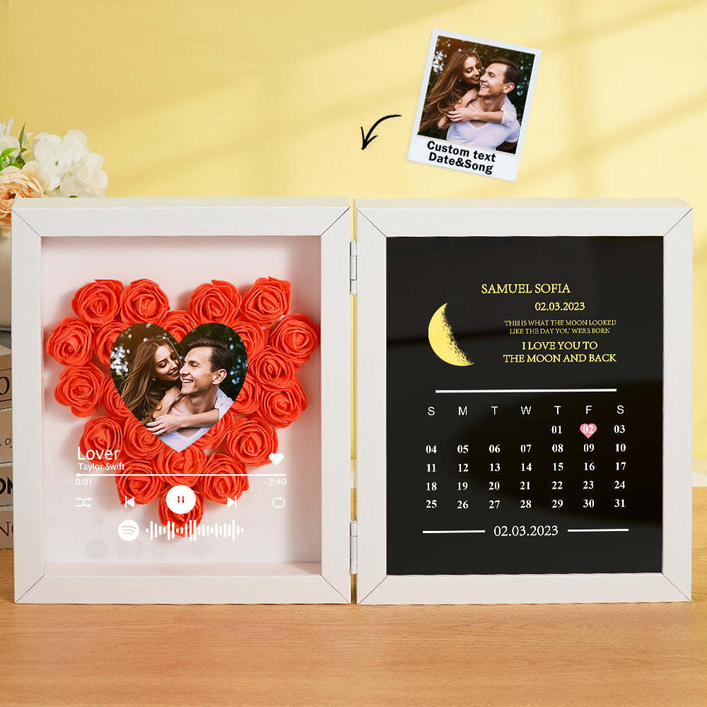 Personalized Photo Rose Flower Box Frame Custom Music Code Moon Phase Calendar Gift for Her - MyFaceBoxer