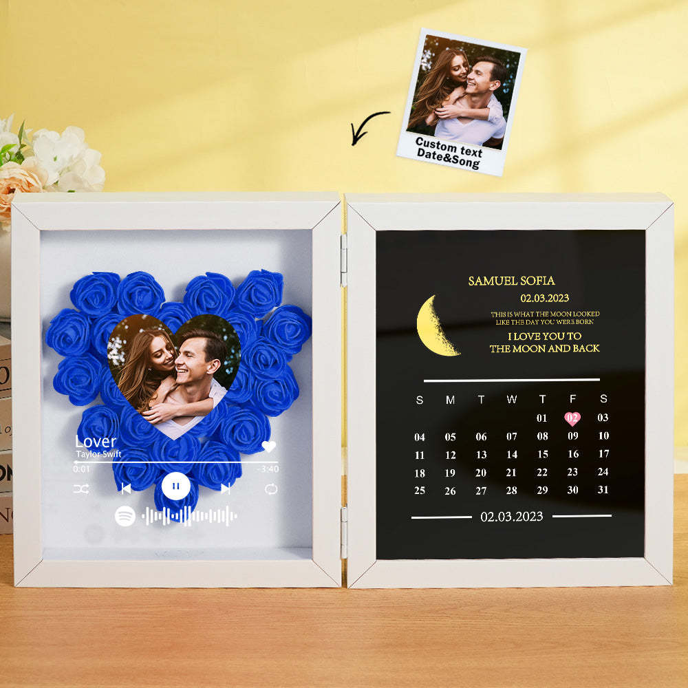 Personalized Photo Rose Flower Box Frame Custom Music Code Moon Phase Calendar Gift for Her - MyFaceBoxer