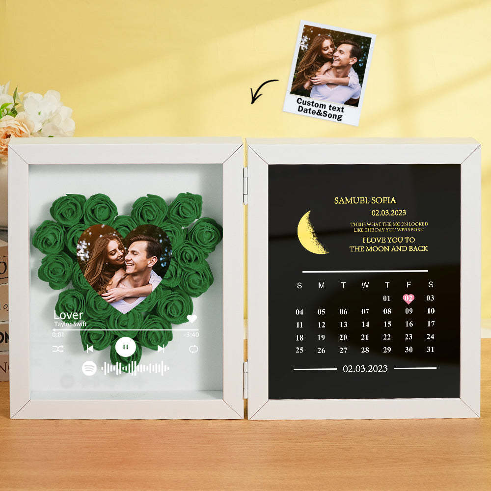 Personalized Photo Rose Flower Box Frame Custom Music Code Moon Phase Calendar Gift for Her - MyFaceBoxer