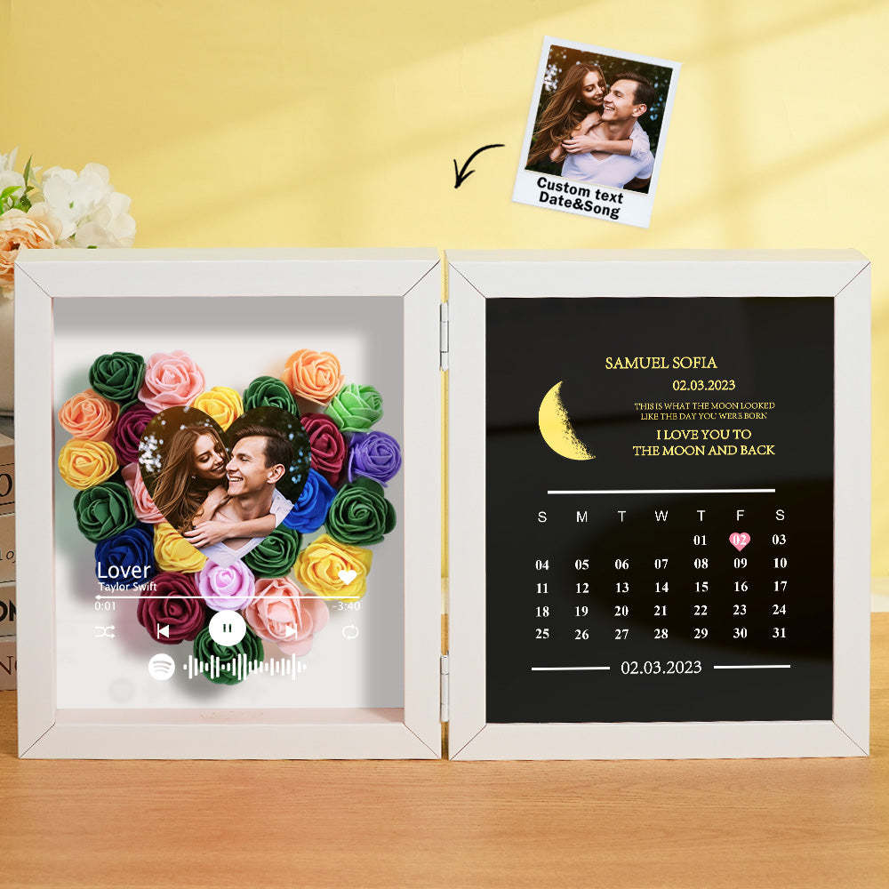 Personalized Photo Rose Flower Box Frame Custom Music Code Moon Phase Calendar Gift for Her - MyFaceBoxer