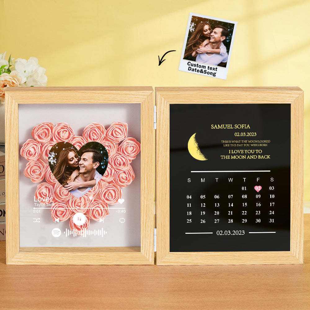 Personalized Photo Rose Flower Box Frame Custom Music Code Moon Phase Calendar Gift for Her - MyFaceBoxer