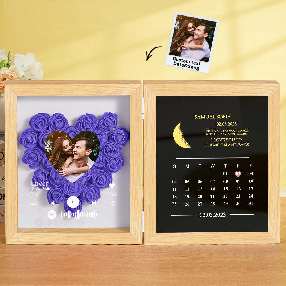Personalized Photo Rose Flower Box Frame Custom Music Code Moon Phase Calendar Gift for Her - MyFaceBoxer