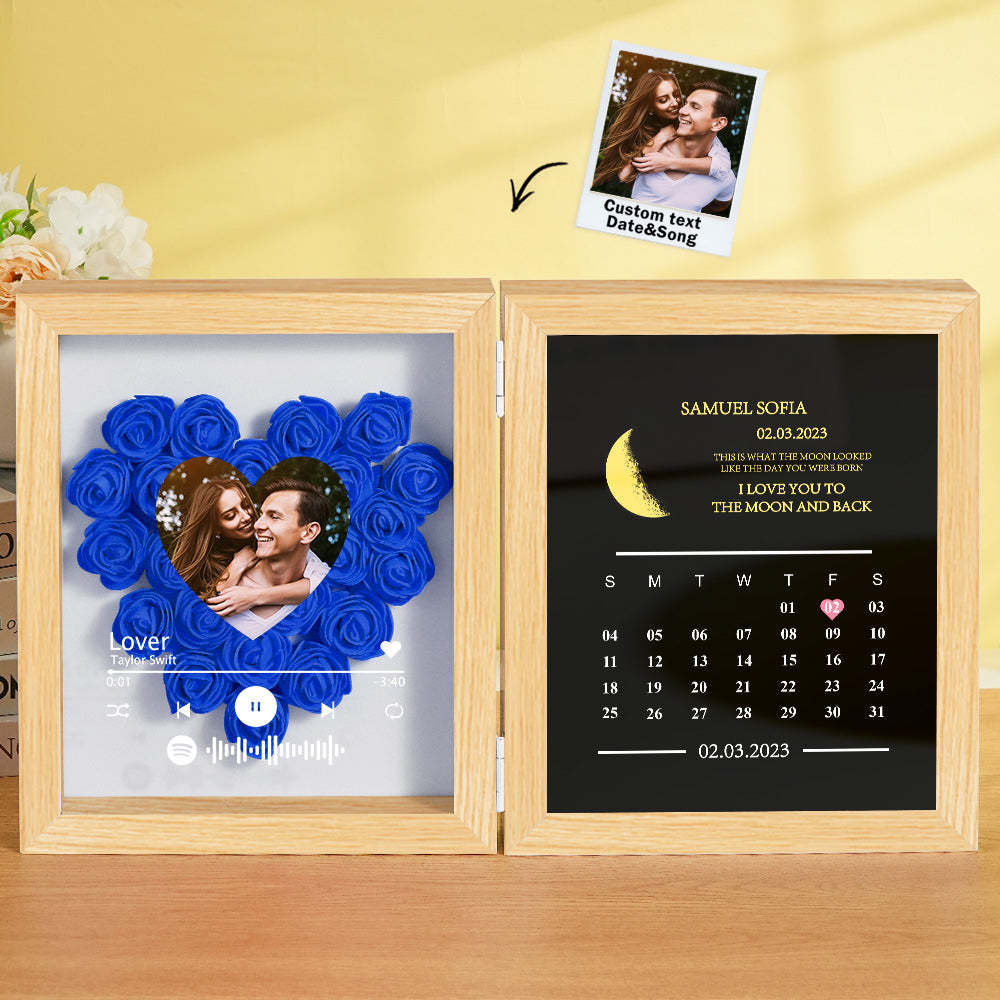 Personalized Photo Rose Flower Box Frame Custom Music Code Moon Phase Calendar Gift for Her - MyFaceBoxer