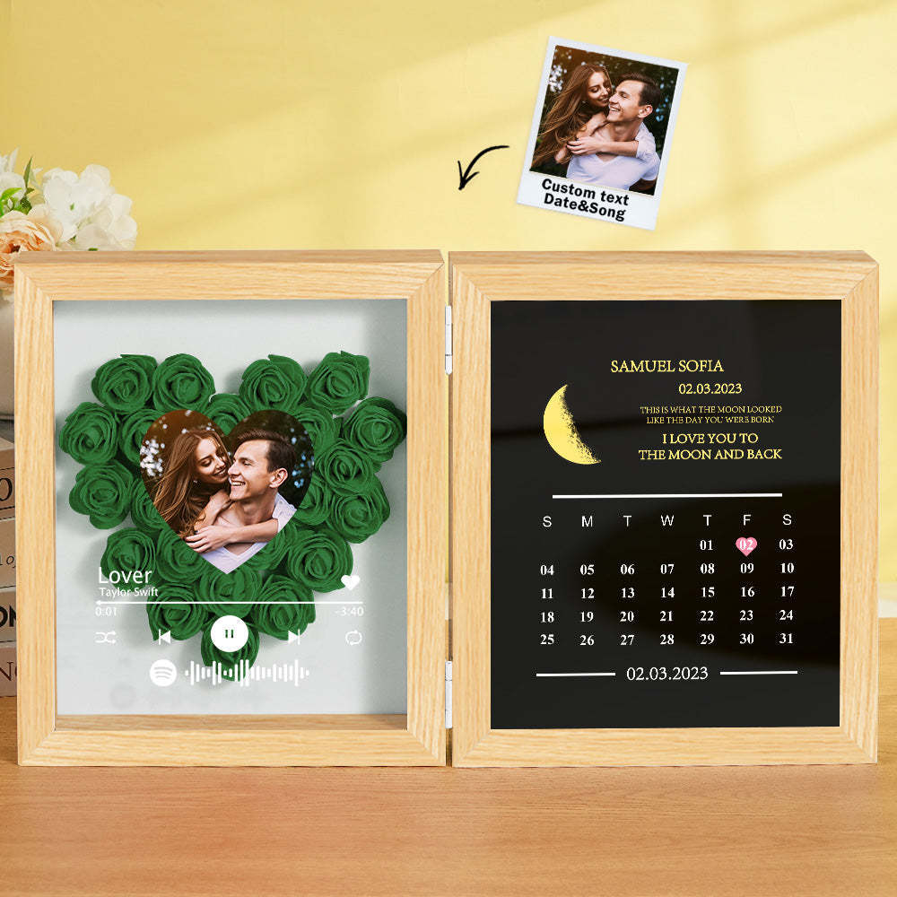 Personalized Photo Rose Flower Box Frame Custom Music Code Moon Phase Calendar Gift for Her - MyFaceBoxer