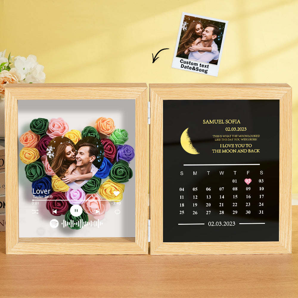 Personalized Photo Rose Flower Box Frame Custom Music Code Moon Phase Calendar Gift for Her - MyFaceBoxer