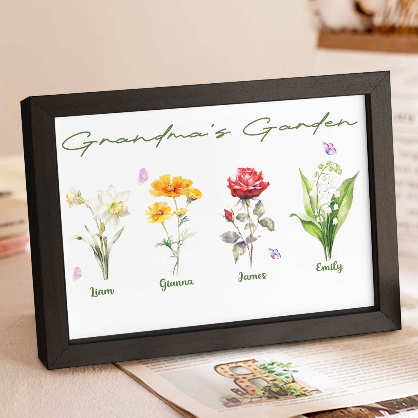 Custom Grandma's Garden Wooden Photo Frame Personalized Birth Flower Mother's Day Gift - MyFaceBoxer