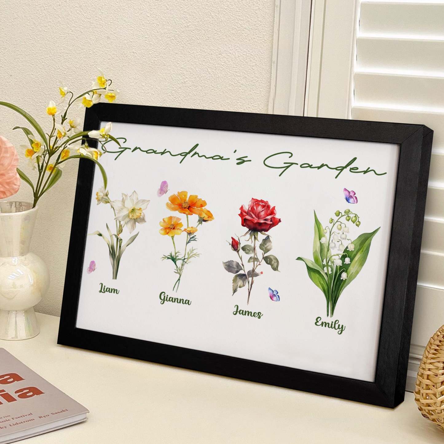Custom Grandma's Garden Wooden Photo Frame Personalized Birth Flower Mother's Day Gift - MyFaceBoxer