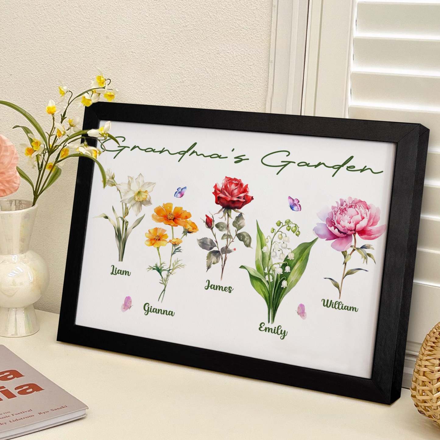 Custom Grandma's Garden Wooden Photo Frame Personalized Birth Flower Mother's Day Gift - MyFaceBoxer