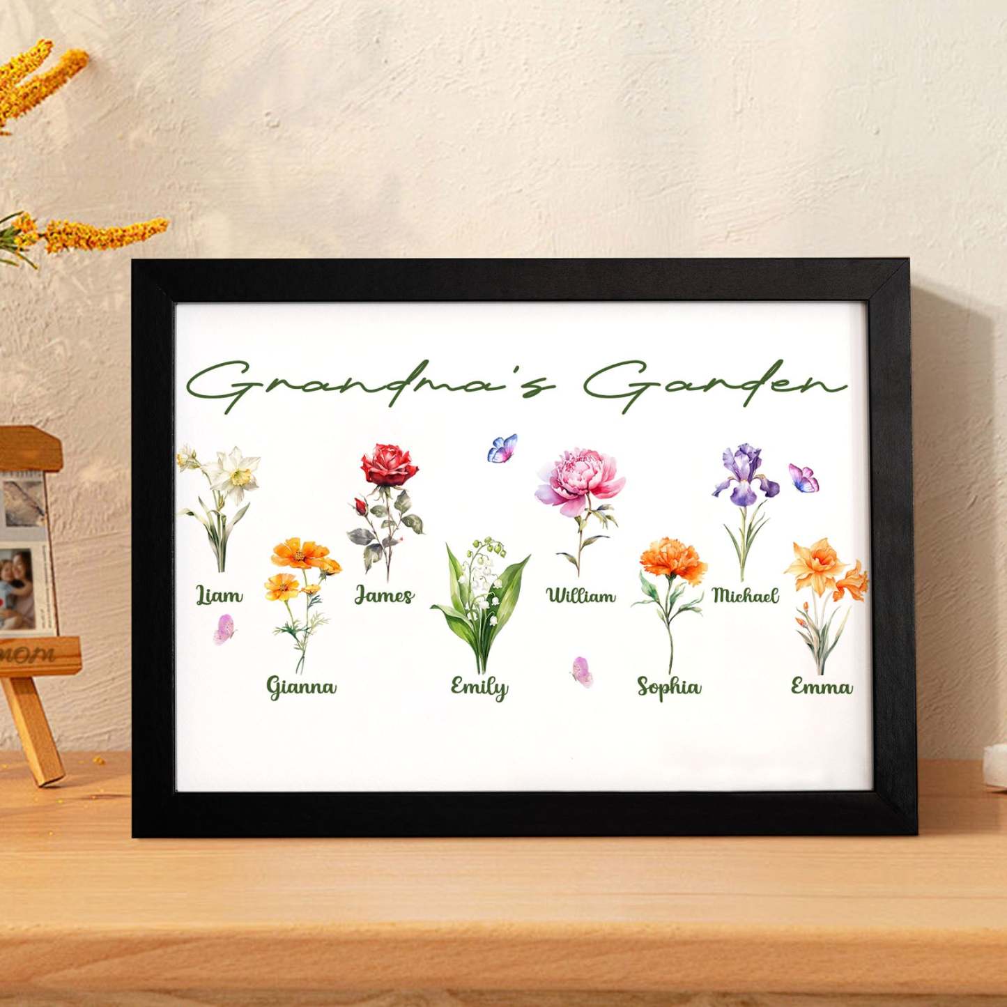 Custom Grandma's Garden Wooden Photo Frame Personalized Birth Flower Mother's Day Gift - MyFaceBoxer