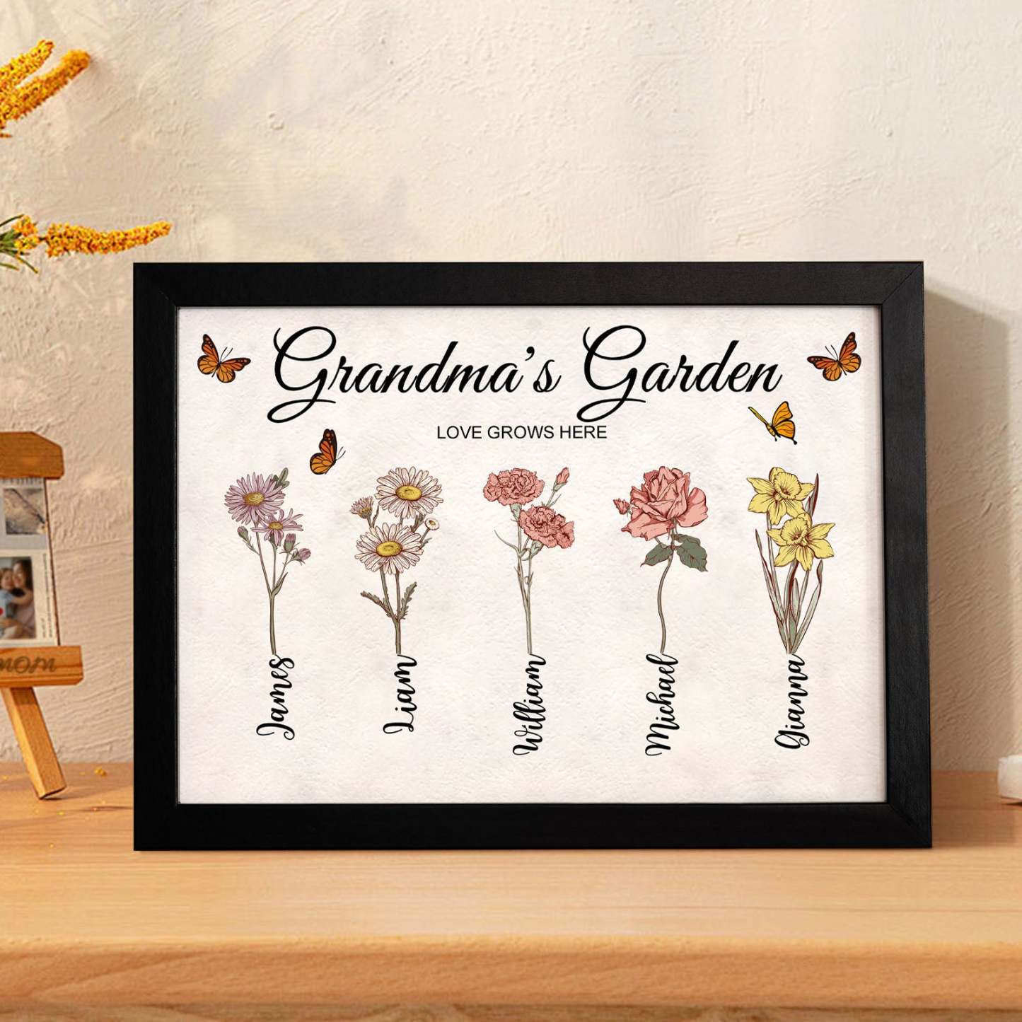 Custom Grandma's Garden Vintage Wooden Photo Frame Personalized Birth Flower Photo Frame Mother's Day Gift - MyFaceBoxer