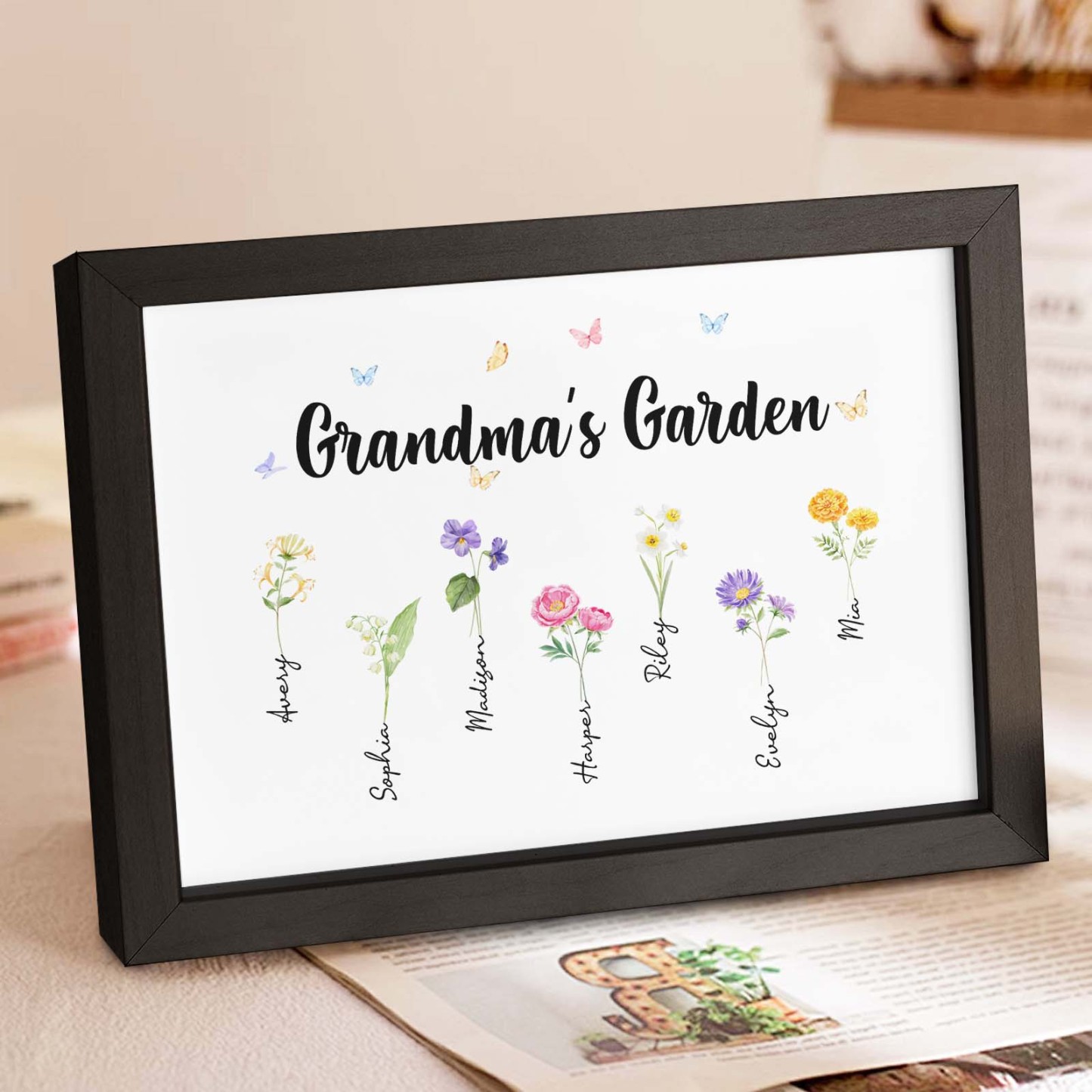 Custom Grandma's Garden Wooden Photo Frame Personalized Birth Flower Photo Frame Mother's Day Gift - MyFaceBoxer