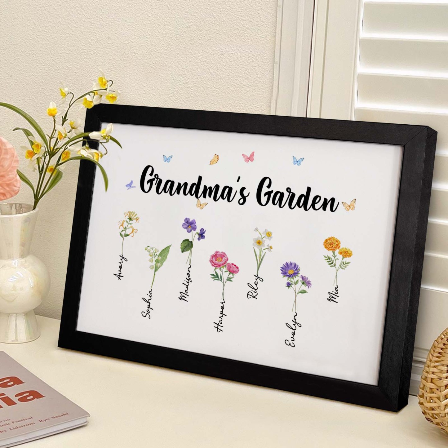 Custom Grandma's Garden Wooden Photo Frame Personalized Birth Flower Photo Frame Mother's Day Gift - MyFaceBoxer