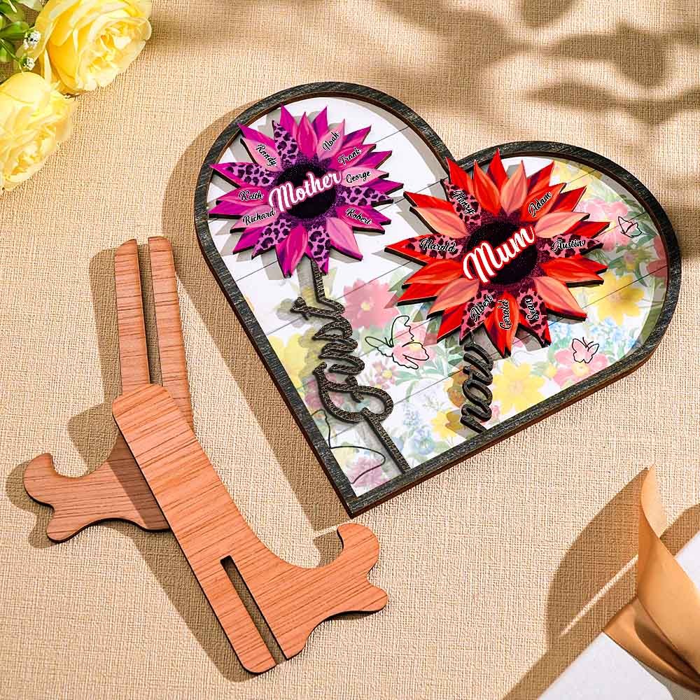 Personalized Names Wooden Plaque Heart Sunflower Gifts for Mom, Grandma Family Home Decor - MyFaceBoxer