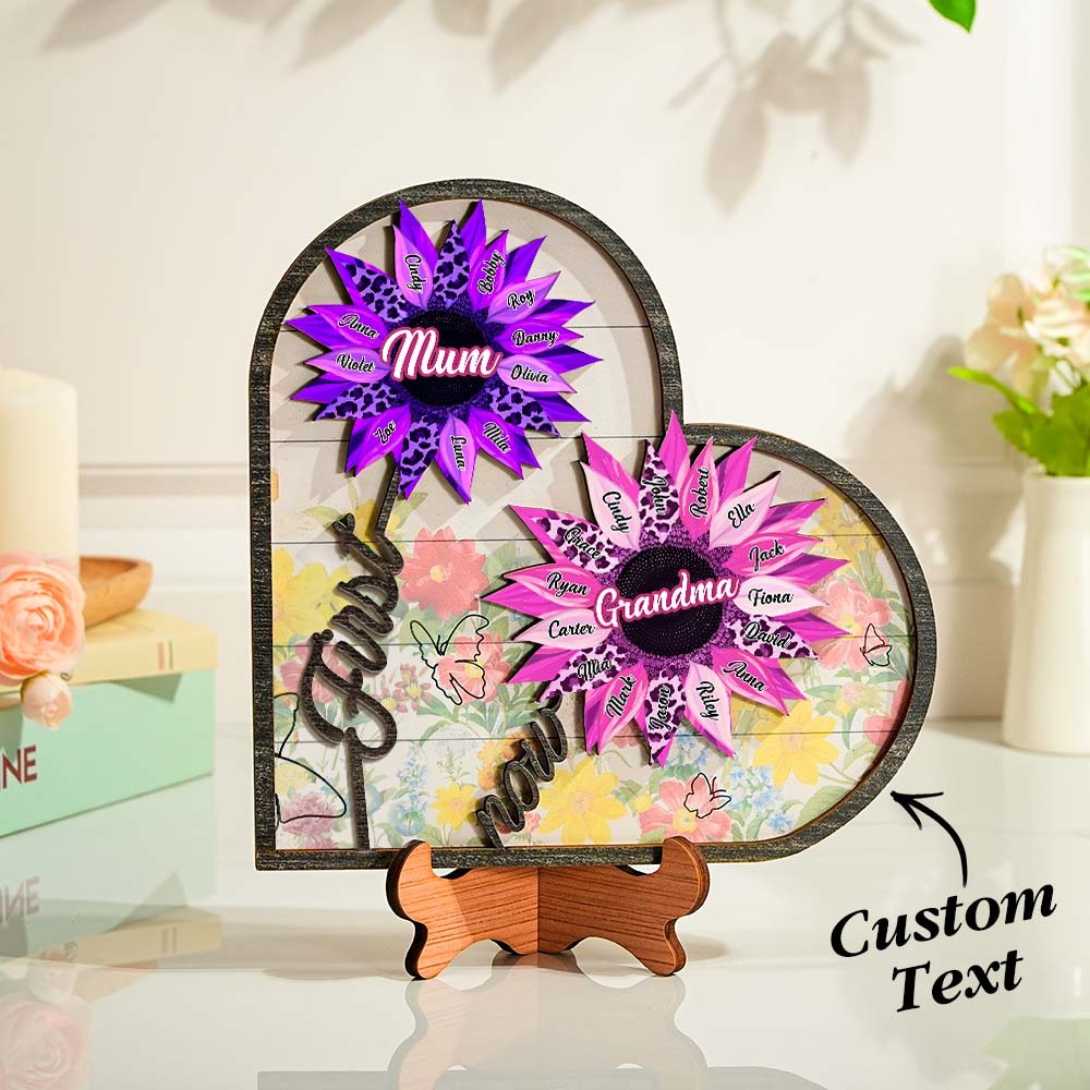 Personalized Names Wooden Plaque Heart Sunflower Gifts for Mom, Grandma Family Home Decor - MyFaceBoxer
