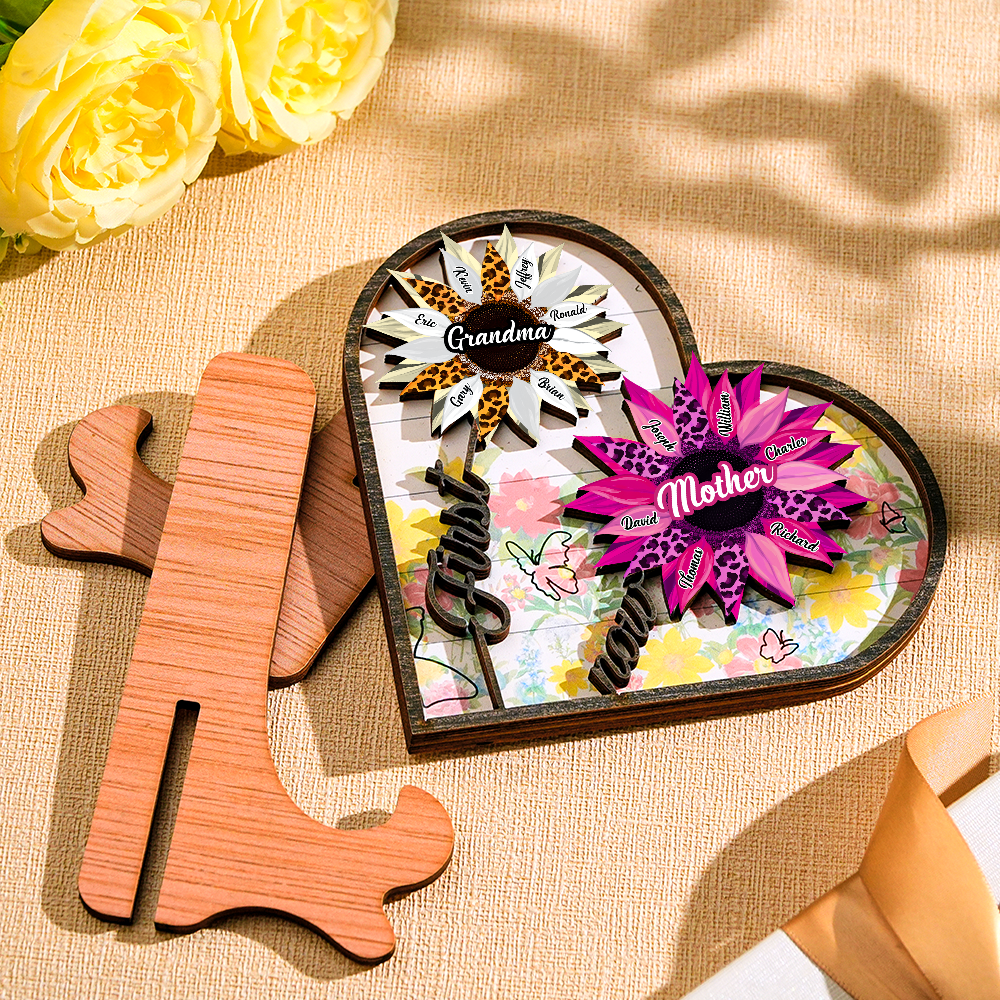 Personalized Names Wooden Plaque Heart Sunflower Gifts for Mom, Grandma Family Home Decor - MyFaceBoxer