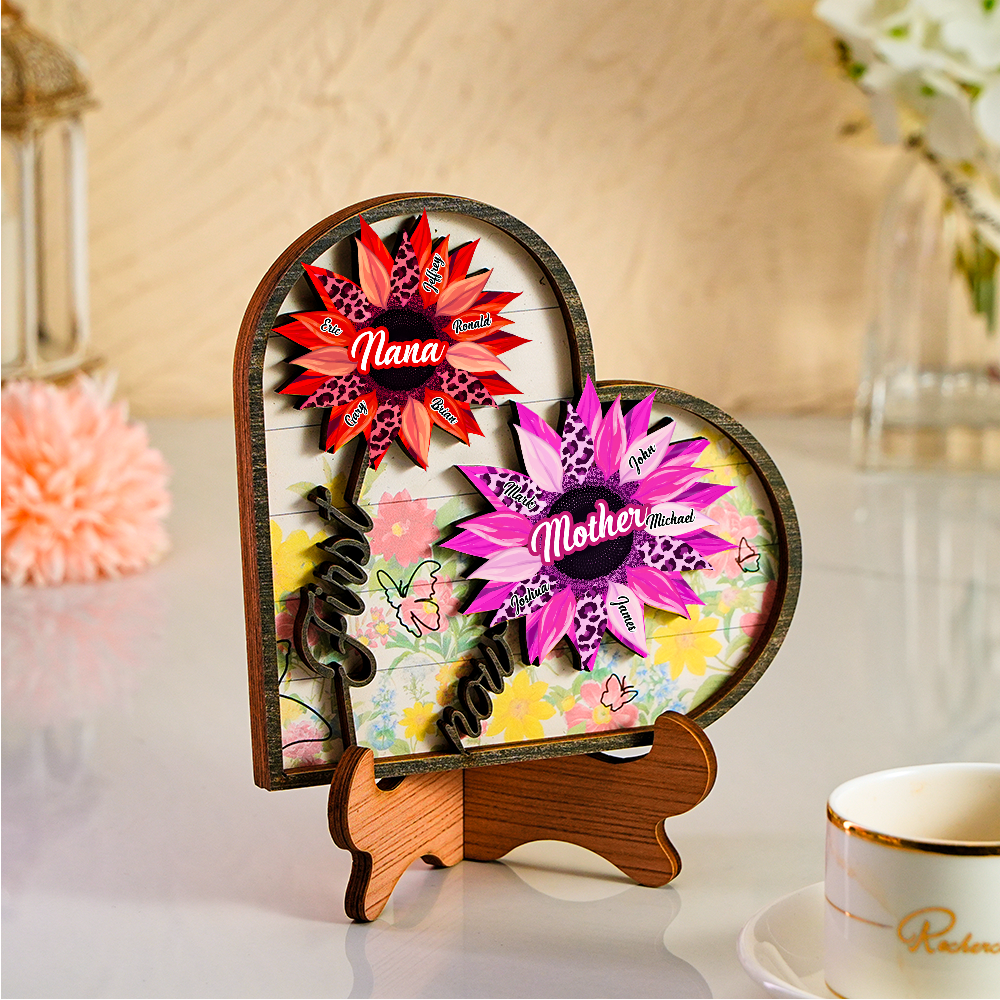 Personalized Names Wooden Plaque Heart Sunflower Gifts for Mom, Grandma Family Home Decor - MyFaceBoxer