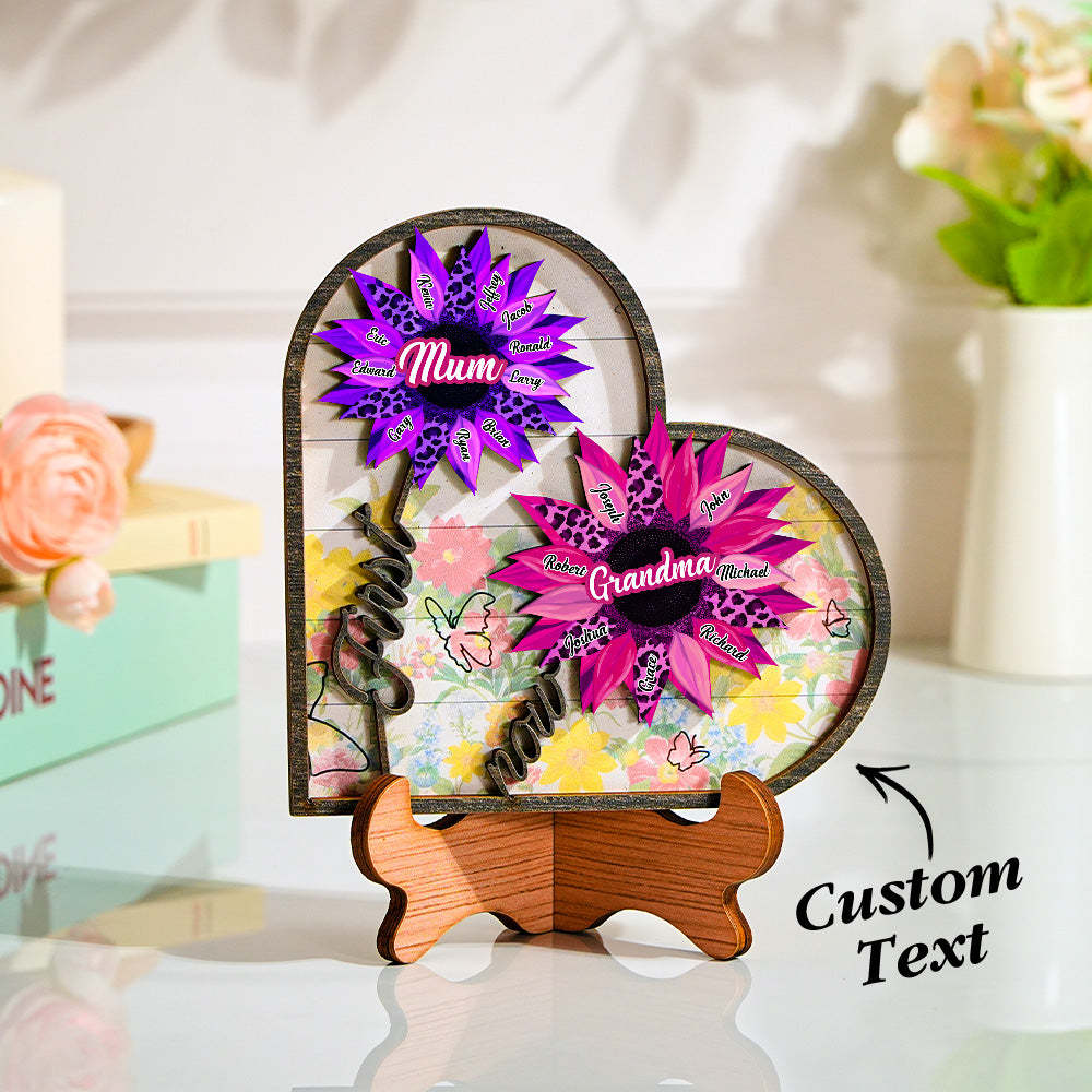 Personalized Names Wooden Plaque Heart Sunflower Gifts for Mom, Grandma Family Home Decor - MyFaceBoxer