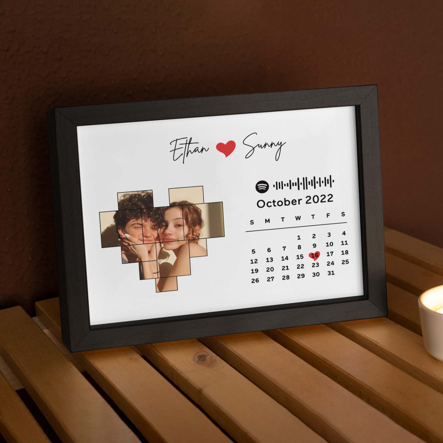 Custom Photo Calendar and Names with Spotify code Wooden Frame Gifts for Her Love Couple - MyFaceBoxer