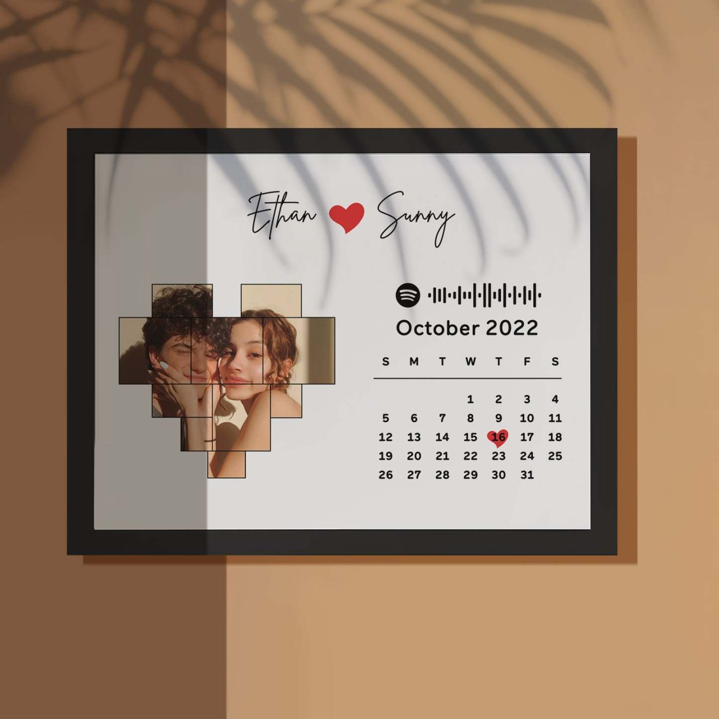 Custom Photo Calendar and Names with Spotify code Wooden Frame Gifts for Her Love Couple - MyFaceBoxer